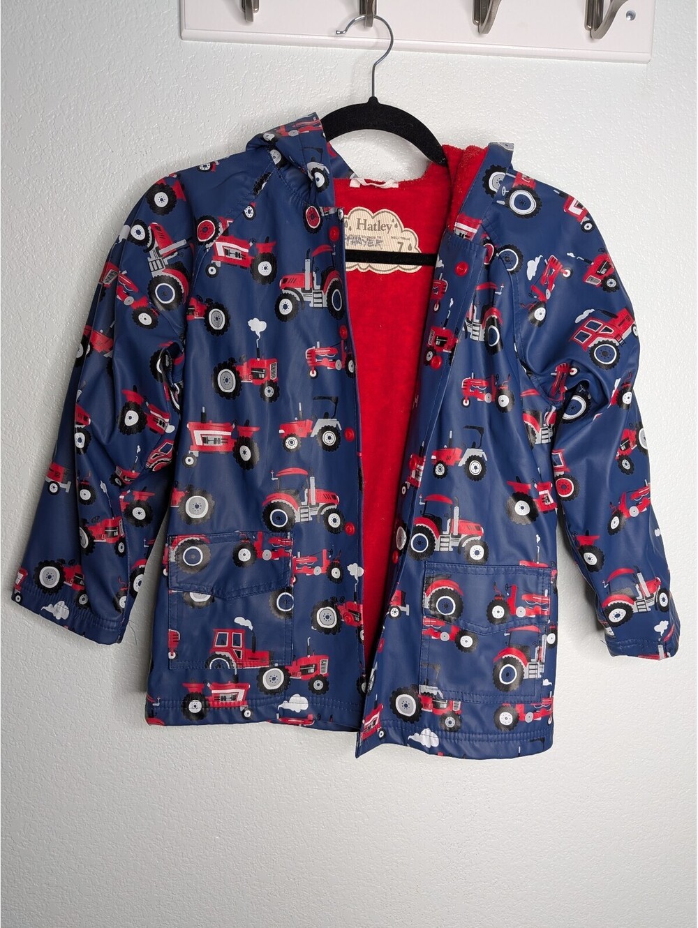 Hatley Boys Tractor Print Raincoat Navy Red Size 7
